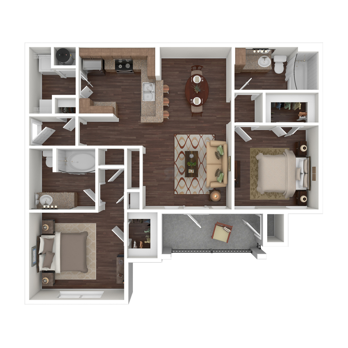Floor plan for 2 beds, 2 baths, 1017 sqft